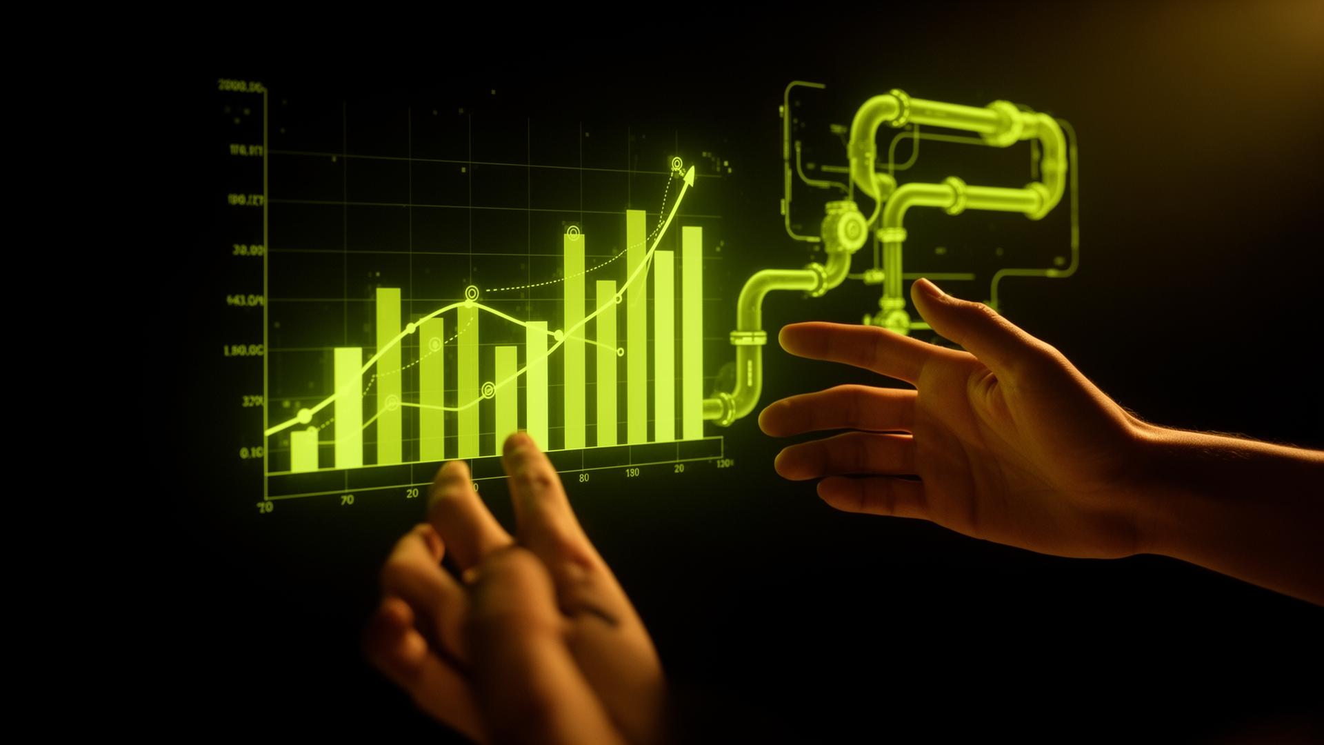 Hands shaping a glowing growth dashboard and pipeline
