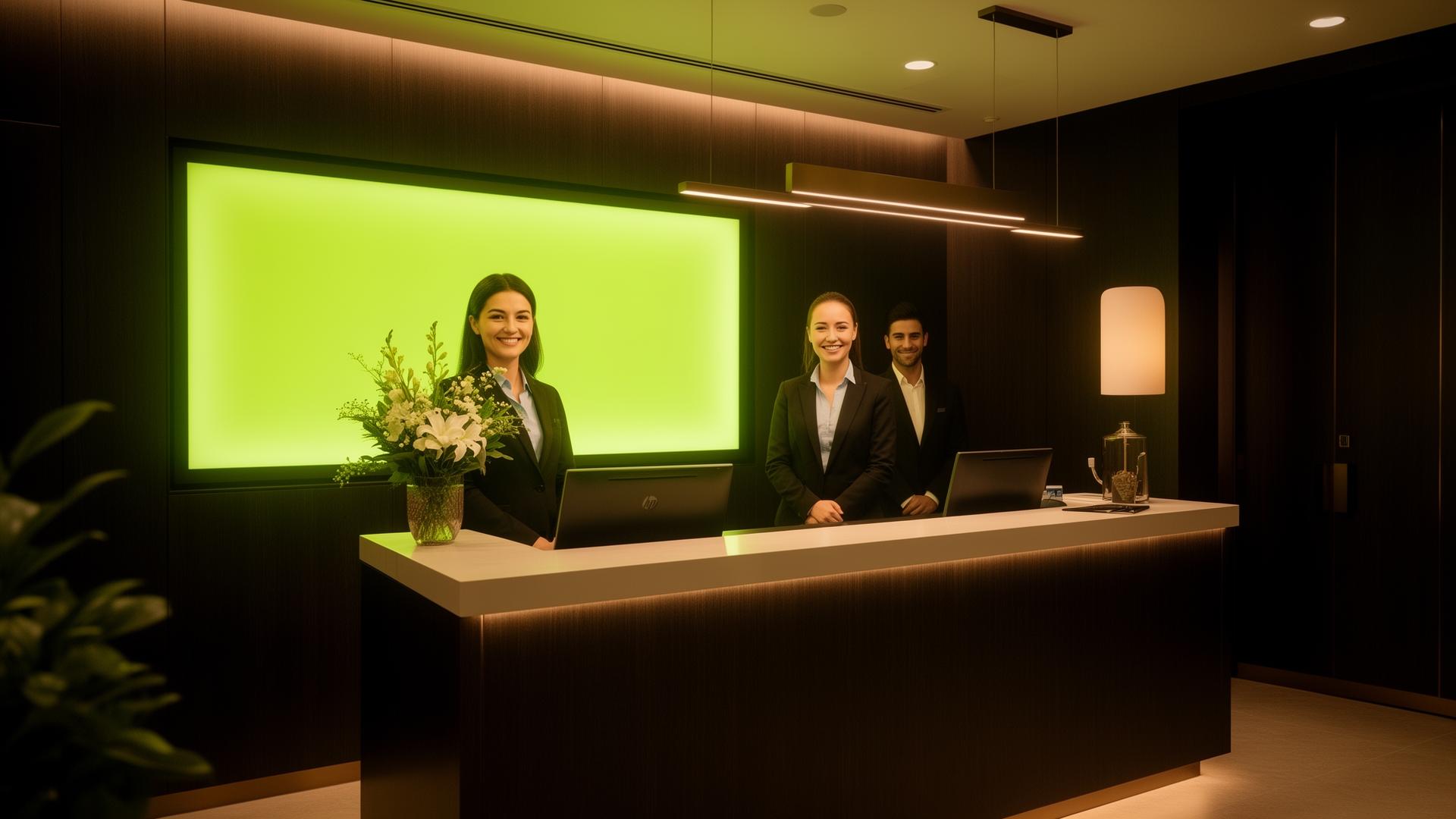 Modern reception staff greeting clients in a warm, futuristic interior